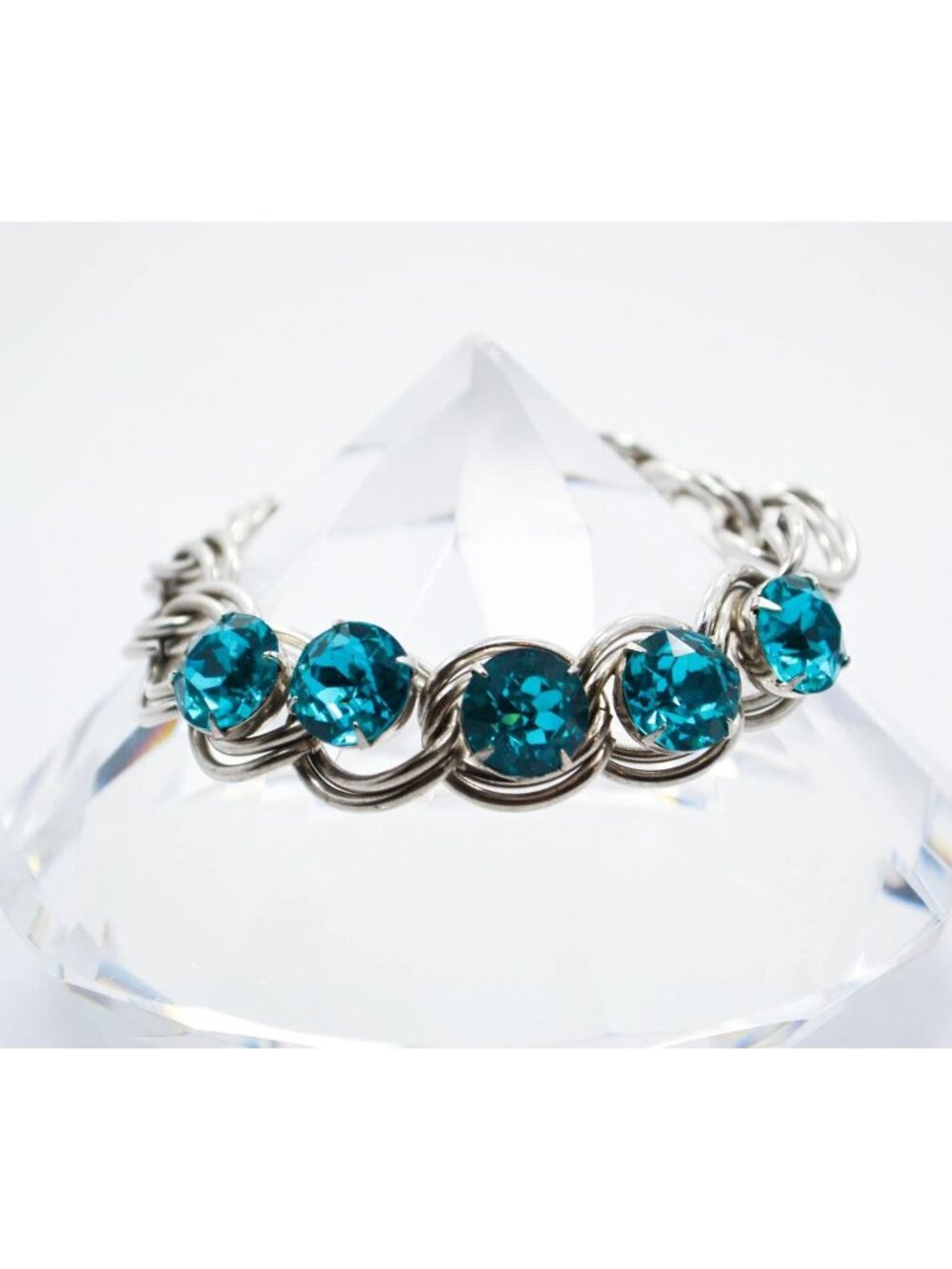 Vintage Aquamarine Rhinestone Bracelet Silver Tone Link Bracelet - Picture 3 of 5